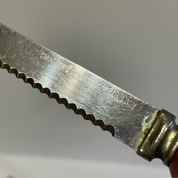 VTG Faux Antlers Faux Wood Bakelite Steak Knives Forgecraft Mid Century MCM x5 - Picture 3 of 3